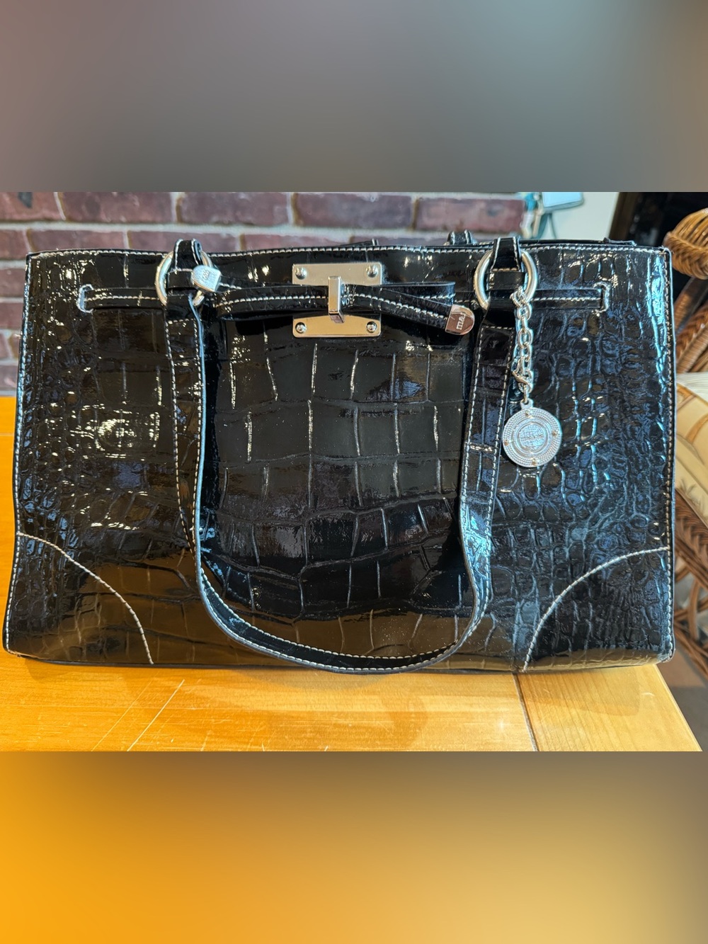 Mac & Jac Black Patent Croc-Embossed Tote Bag with Silver Hardware